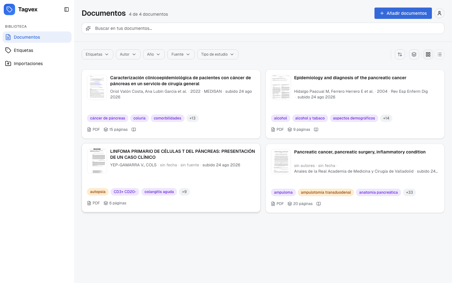 Pantalla de la biblioteca de documentos de Tagvex con tarjetas etiquetadas
